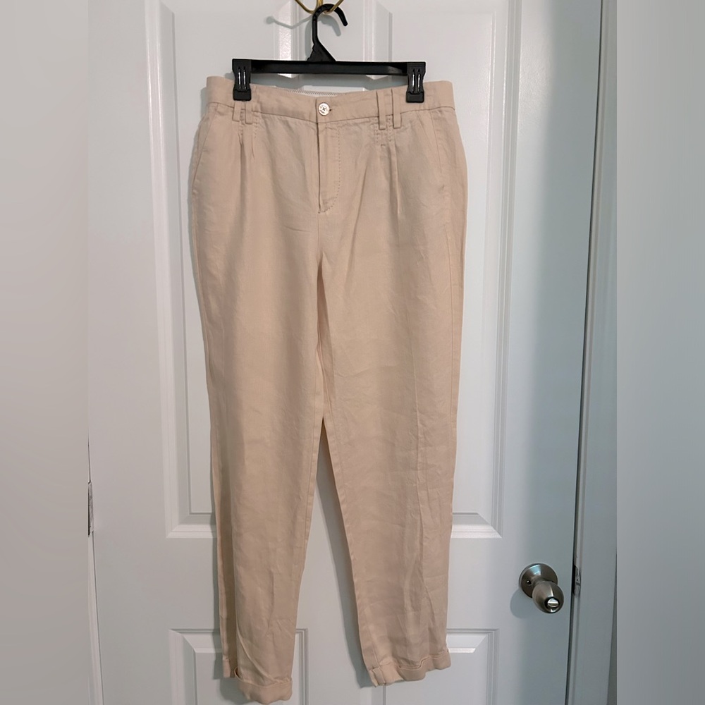 Super Cute Massimo Dutti Straight Leg Linen Trousers in Peach/Light Pink